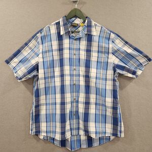 Cabela's Mens Shirt Short Sleeve Plaid Blue‎ White Button Down XL 100% Cotton